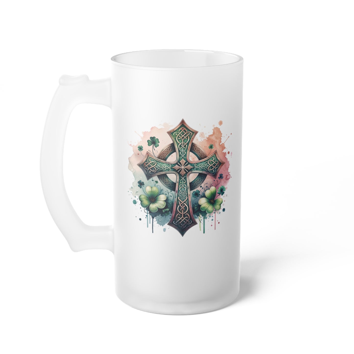 Celtic Cross Frosted Glass Beer Mug - Unique Barware Gift Idea