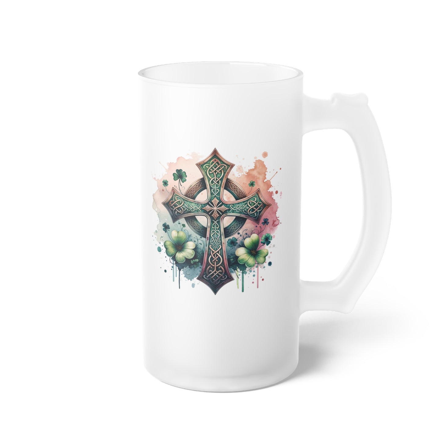 Celtic Cross Frosted Glass Beer Mug - Unique Barware Gift Idea