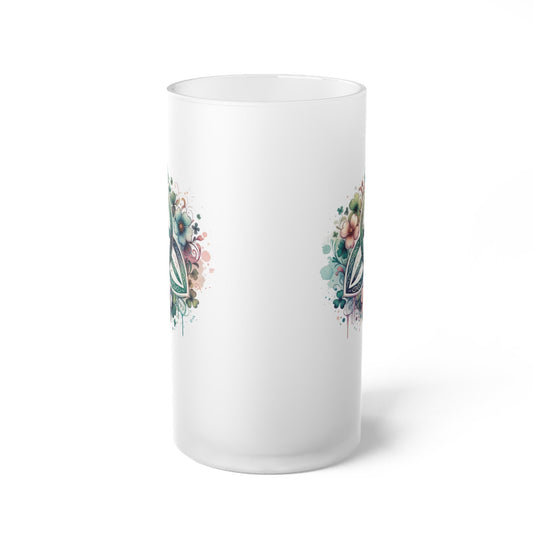 Frosted Glass Beer Mug featuring Triquetra & Delicate Floral Motifs
